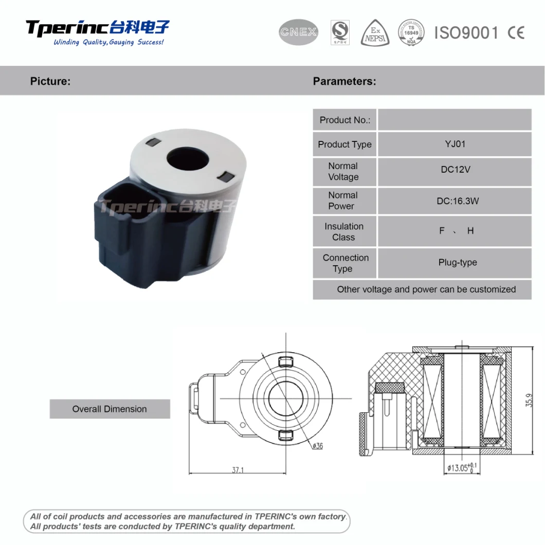 Hydraforce Yj01 DC12V Solenoid Valves Coils for Hydraulic Cartridge Directional Control Solenoid Valve